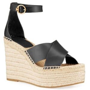 Tory Burch Selby Braided Jute Black Leather Wedge Espadrille Heel Sandals